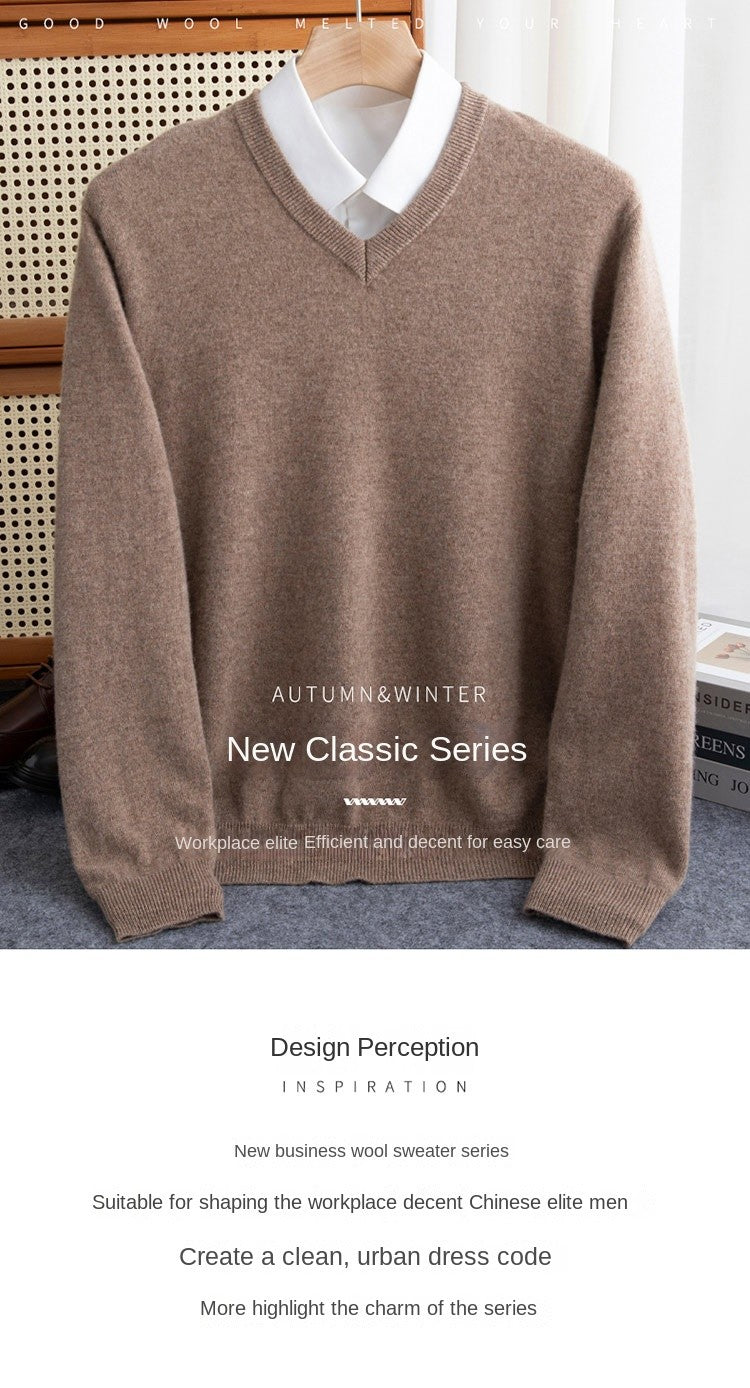 2025 Men's 100% Merino Wool Cashmere V-neck Sweater Pullover Smart Casual Basic Long Sleeve Knitwear Clothes Tops Autumn Winter