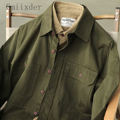 Gmiixder Men Cargo Long Sleeve Shirt Spring Autumn Hip Hop Jacket American Casual Retro Green Tough Man Workwear Shirt