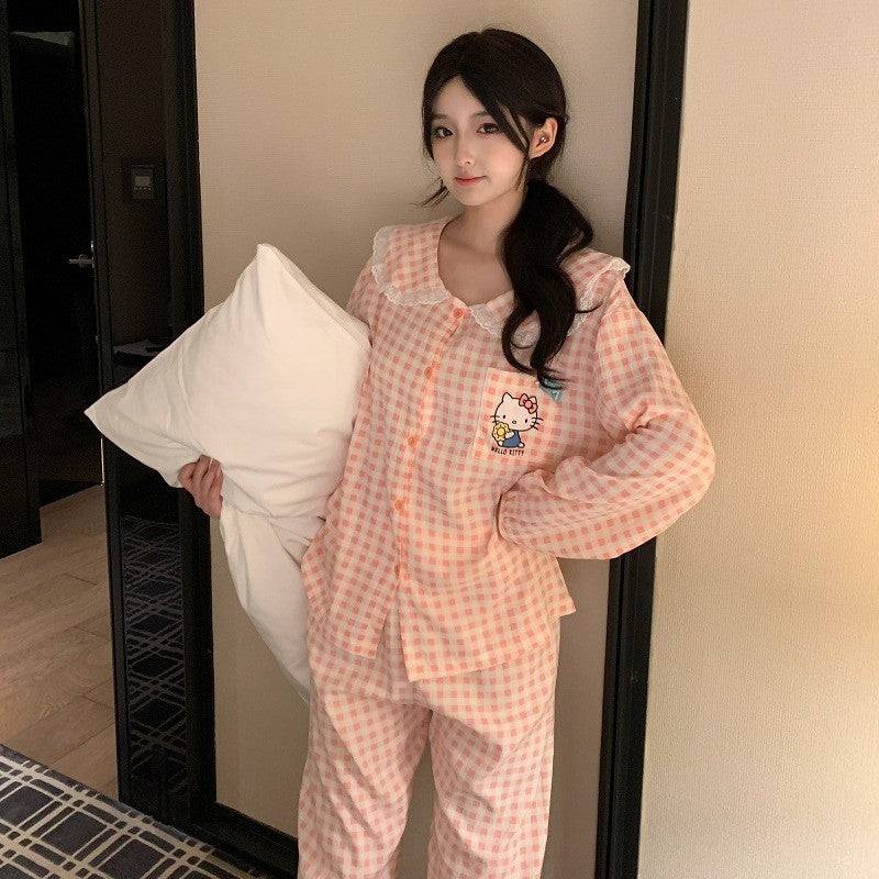 New Plus Size Sanrio Long Pajamas HelloKitty Lace Plaid Kawaii Cartoon Loose Sleepwear Pajamas Sets Autumn Winter Nightwear