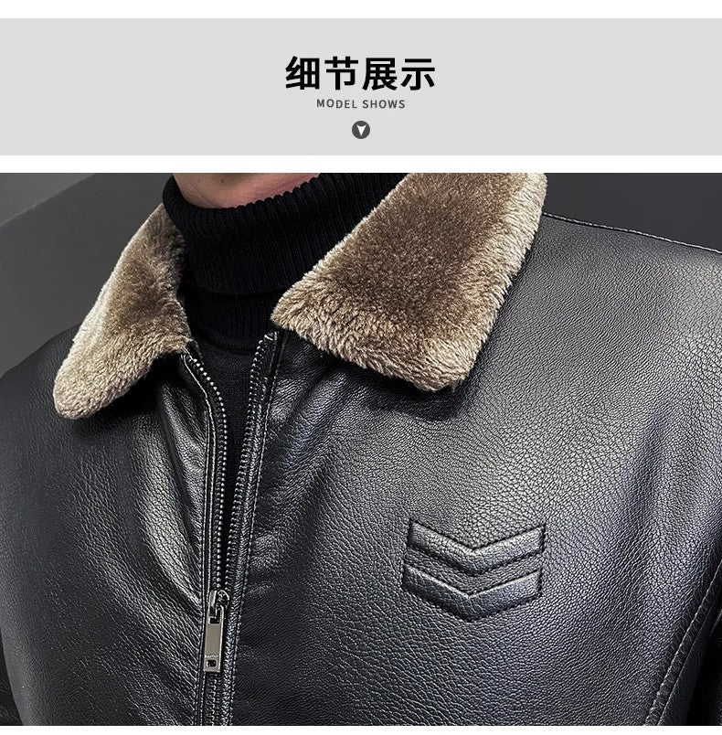 Vintage Brown Leather Jacket Men's Winter Faux Fur Collar Windproof Warm Coat Male Luxury Clothing Brand chaqueta cuero hombre