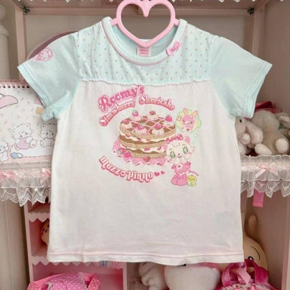 Lolita Print Tops Bow Cake Blouse Y2K JK Lolita Japan Kawaii Girl Cute Sweet Lace T-shirt A-line Spliced Cake Skirt New Chic