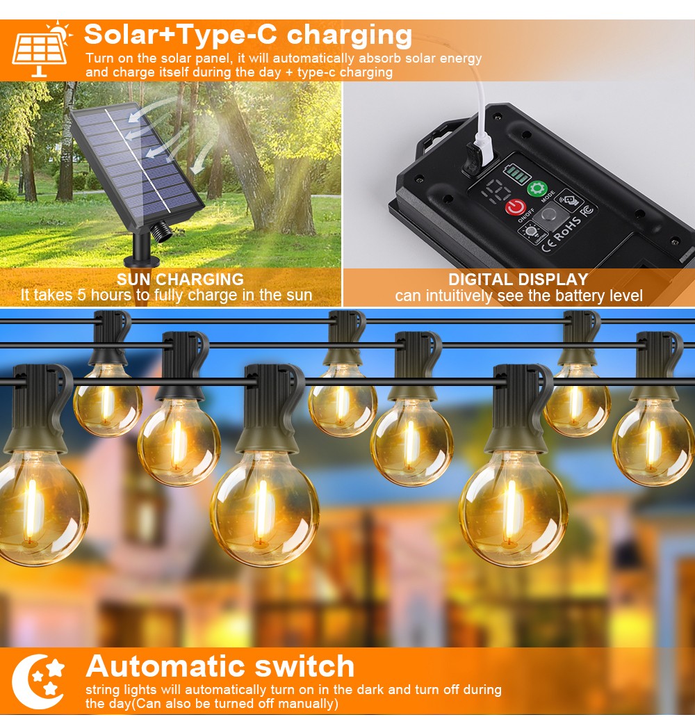 G40 Outdoor Solar String Light Garland LED Solar String Lights 24V Globe Waterproof Hanging Lights for Garden Backyard Cafe