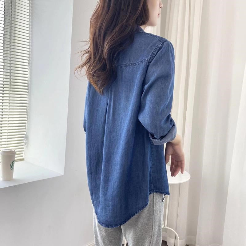 Autumn 2025 New Denim Shirts And Blouse For Women Korean Style Long Sleeve Top Blue Or Sky Blue Color Jeans Elegant Blouses