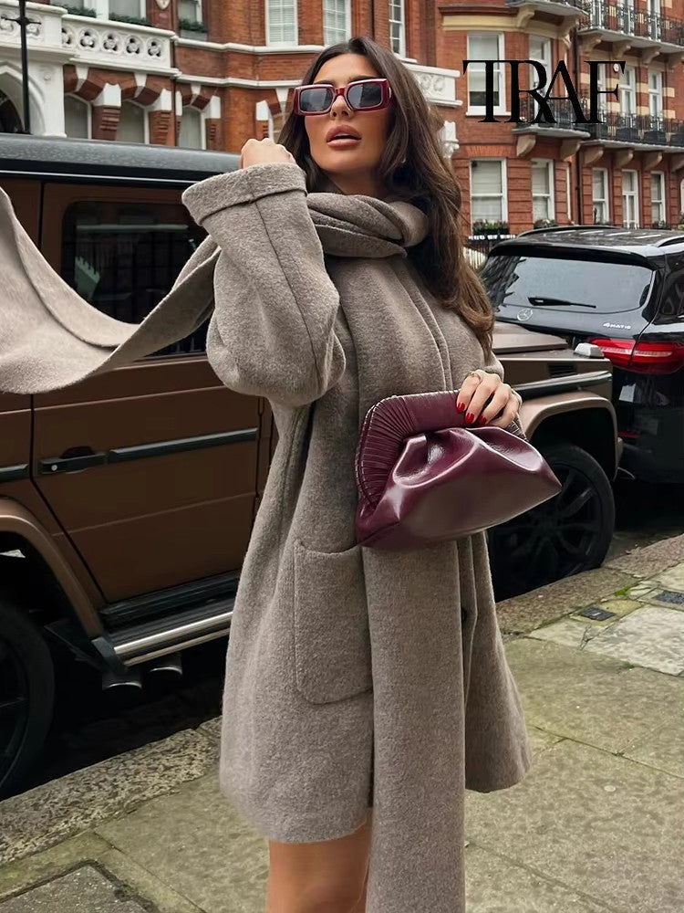 Women's Fashion Scarf Short Knit Coat Jacket Loose Warm Long Sleeve Two Pieces Solid Color High Street O-Neck Outerwear