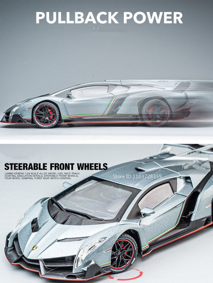 1:24 Countach LP500S VENENO Miniatura de Carro Esportivo Brinquedo Liga Fundida Luz e Som Puxar para Trás Portas Abertas Coleção Supercarro