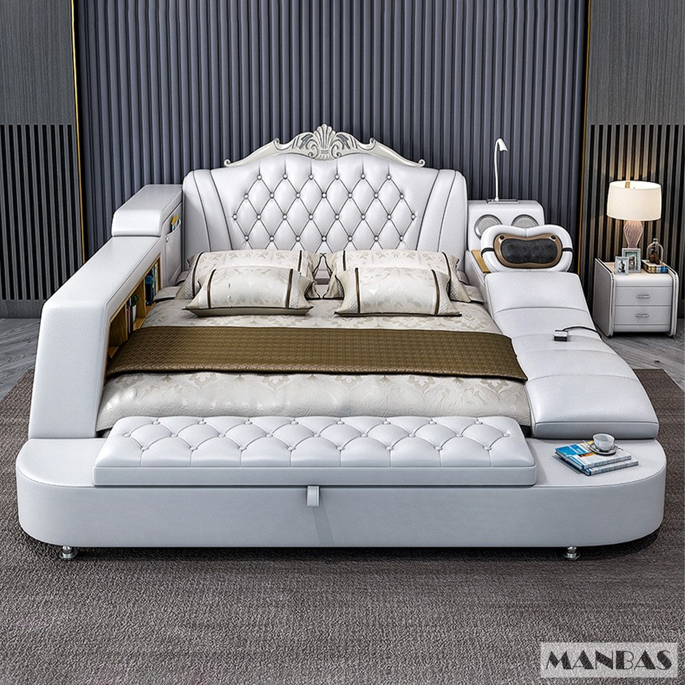 MANBAS Ultimate Bed Frame Tech Smart Multifunctional Bed with Genuine Leather, Massage, USB, Bluetooth Speaker, Tatami & Safe