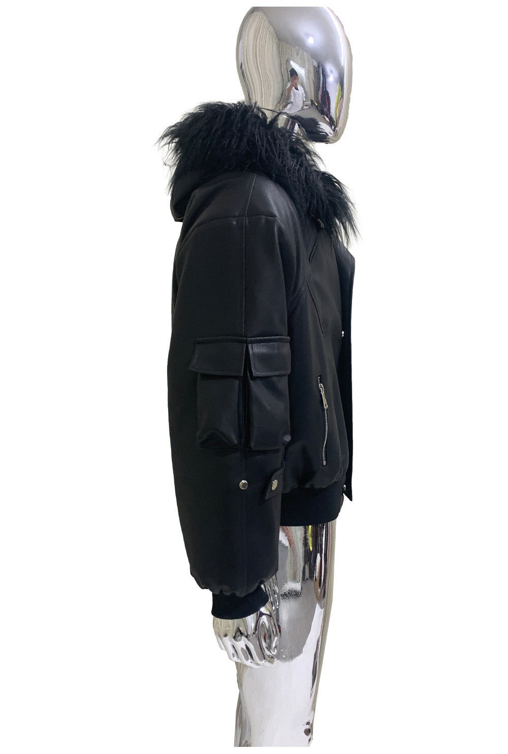 Mauroicardi Autumn Winter Short Oversized Black Warm Pu Leather Jacket Men with Faux Fur Trim Hood Loose Casual Korean Fashion