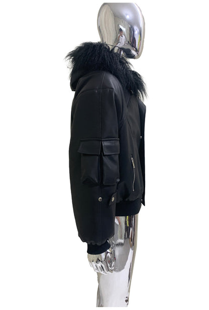 Mauroicardi Autumn Winter Short Oversized Black Warm Pu Leather Jacket Men with Faux Fur Trim Hood Loose Casual Korean Fashion