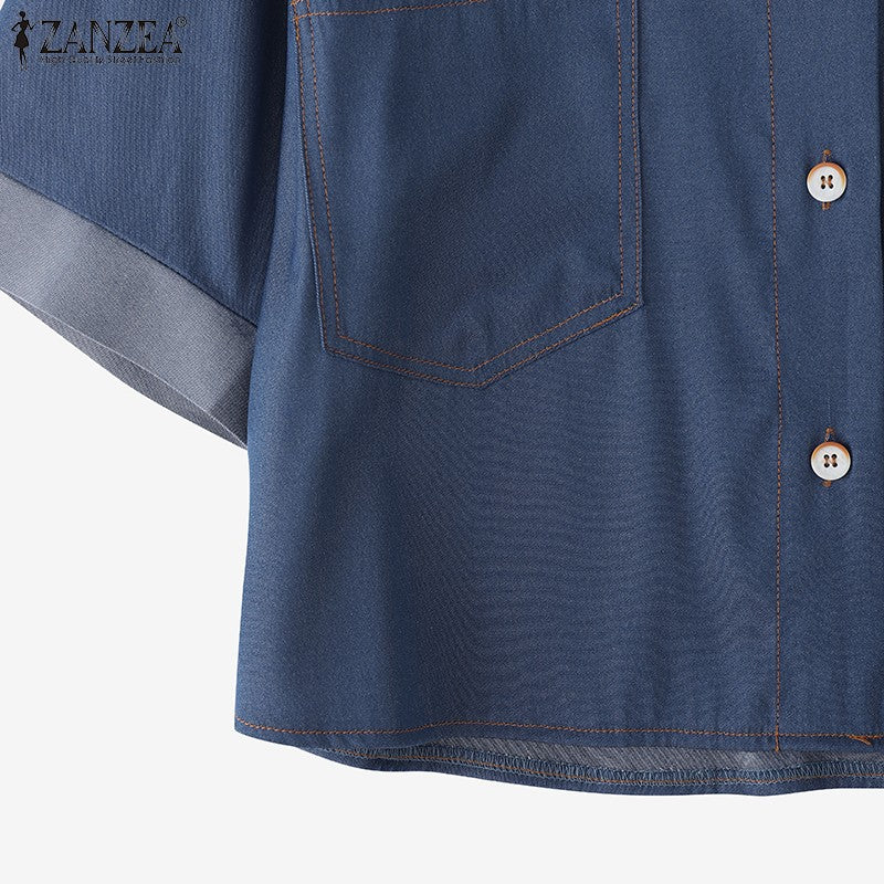 ZANZEA Denim Cardigan Shirts Women Elegant Office Blusas Casual Lapel Neck Outwears 2025 Half Sleeve Solid Color Fashion Tunic