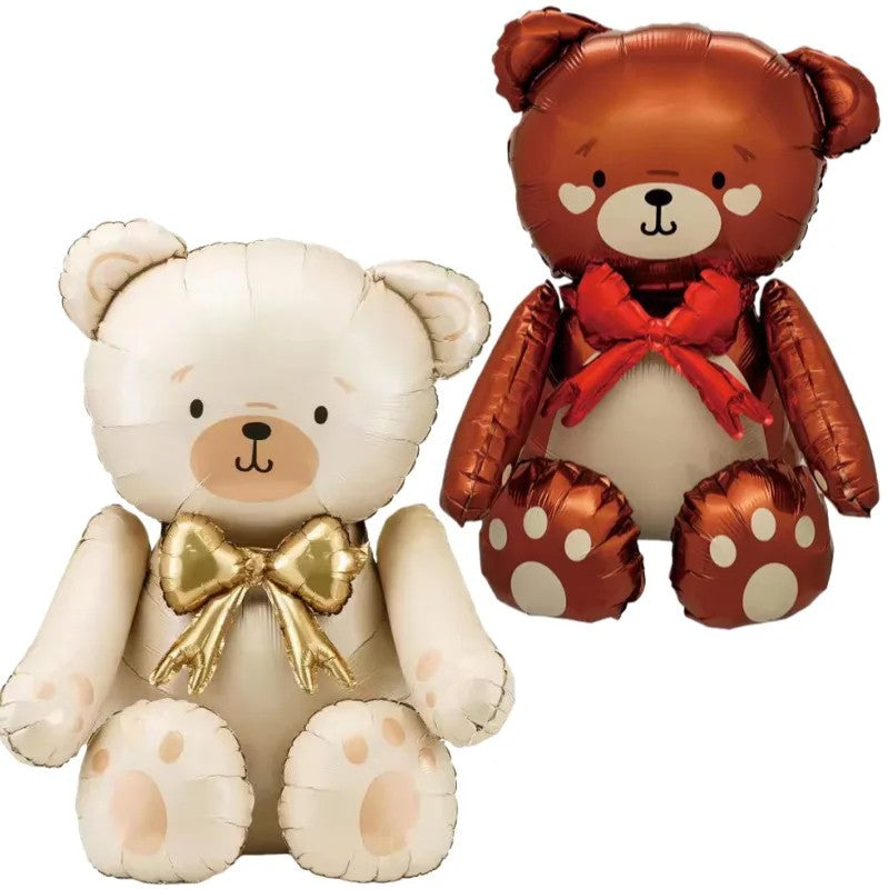 Cartoon 3D Matte Seated Bear Aluminum Foil Balloon with Button Bow Baby Shower Birthday Wedding Party Decorations Kids Gift Toys