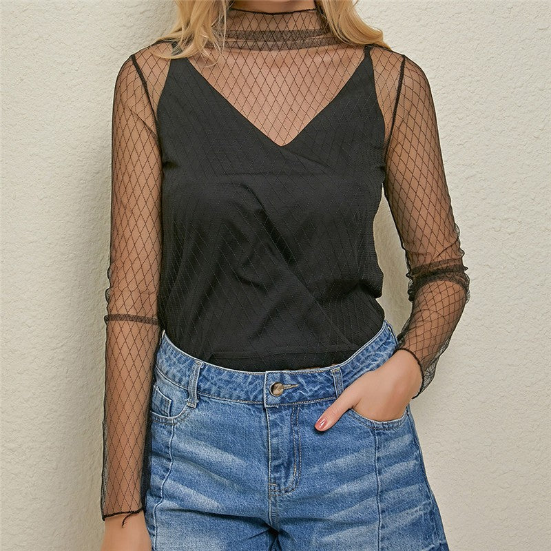 Women's Sexy Mesh Sheer Lace Blouses Perspective Long Sleeve Stand Collar Mesh Tops Striped Polka Dot Stars Party Tee Blouses