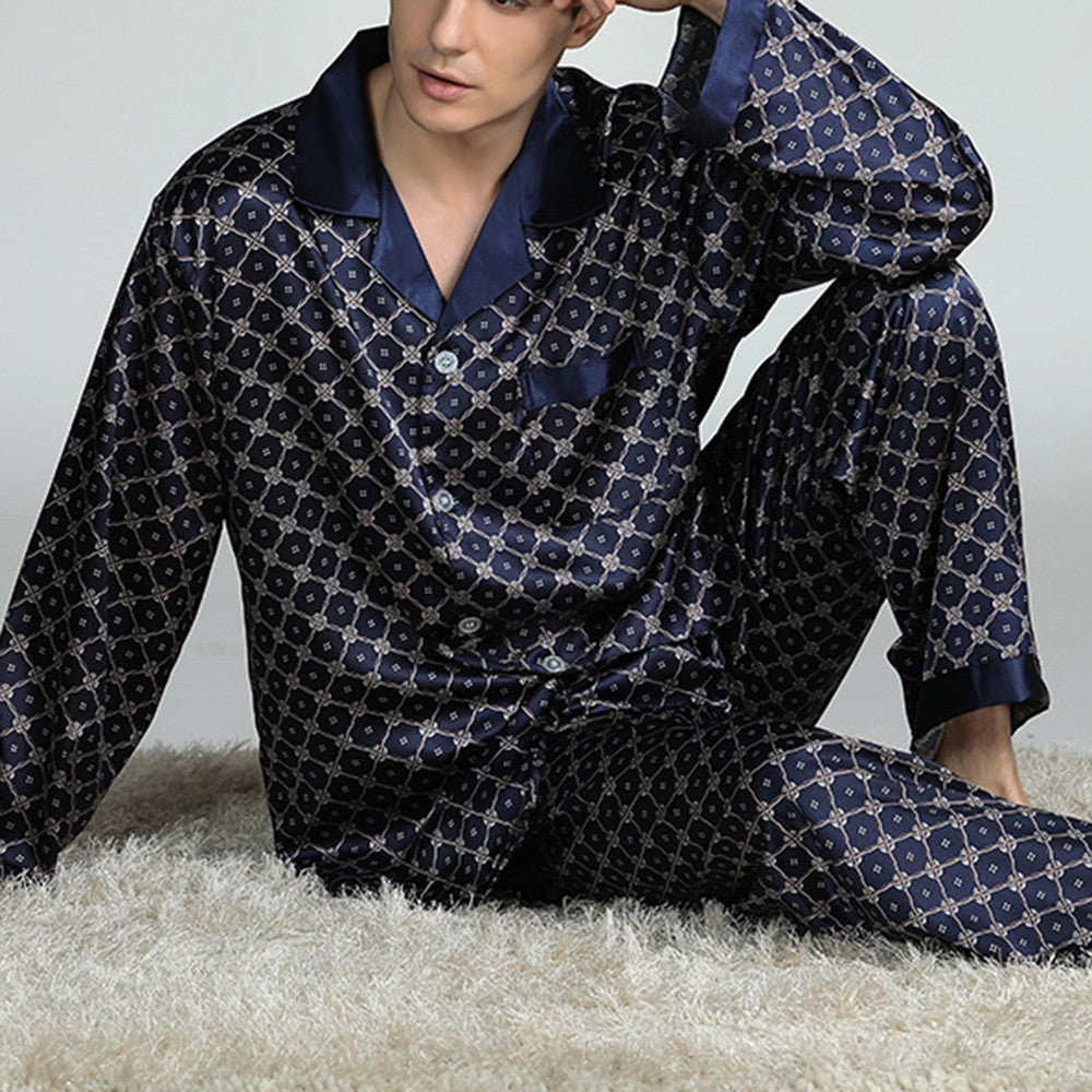 Mens Satin Silk Pajama Sets Sleepwear Casual Nightgown Loose Loungewear Pajamas Pijamas Autumn New Print Nightwear Homewear