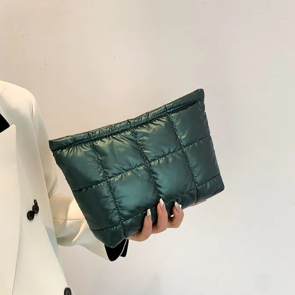 Cotton Filled Puffer Pouch Large Capacity PU Leather Puffer Padded Makeup Bag Sewn Korean Style Thick Plaid Clutch Bag Work