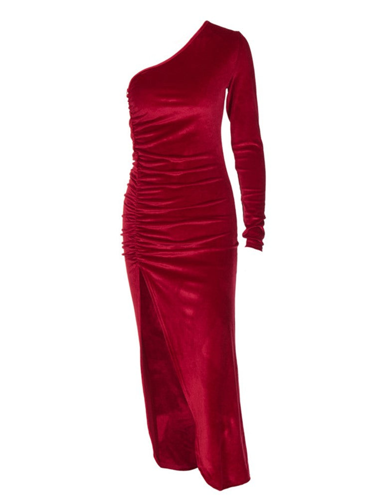 Women Elegant Long Sleeve Party Evening Velvet Bodycon Split Pencil Midi Dress S