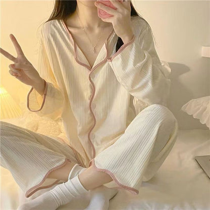 Ins style women's simple long sleeved long pants pajama set Spring/Autumn girl style solid color sweet cardigan home suit set