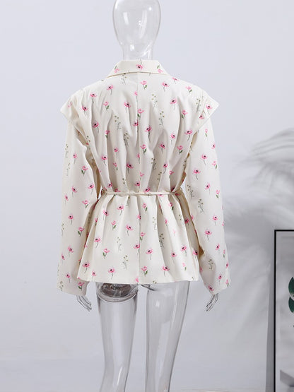 Lace Up Shoulder Pad Blazer Coat Women Elegant Turn-down Collar Long Sleeve Pockets Slim Fit Coats Chic Ladies Commute Outerwear