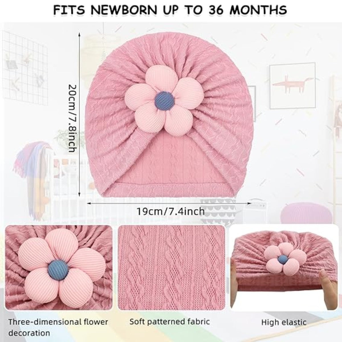 6Pcs Adorable Baby Floral TurbHat and Bib Set - Soft Ruffled Cotton with Delicate Floral Accents, Drool Towel Set, Newborn Gifts