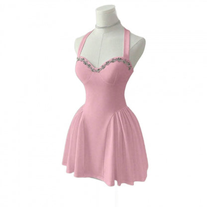 Women Summer Sweet Pink Knittd Mini Suspender Dress Sleeveless Heart Neck Waist Cinching Pleated A-Line Fashion Elegant Dress