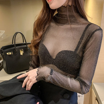 Spring Summer Women's Sexy See Through Mesh Blouse Long Sleeve Transparent Shining Elegant Shirt Fashion Women Tops 2025
