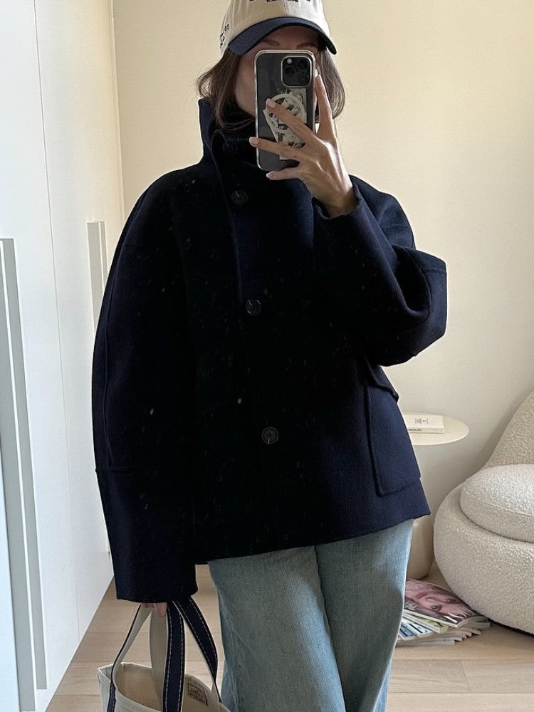 Elegant Stand Collar Woolen Jacket For Women Y2K Single Breasted Button Pockets Coat Lady 2025 Autumn Winter Street Chic Outwear