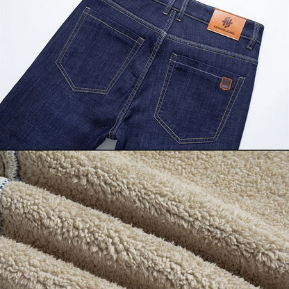 Calça Jeans Masculina de Inverno Forrada com Lã Grossa Calça Jeans Masculina de Cintura Solta Reta Slim Fit Calça Social Casual Confortável