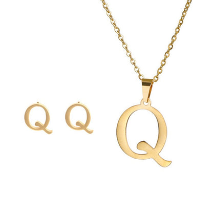 Conjunto Feminino de Colar e Brincos de Aço Inoxidável com Letra Inicial do Alfabeto A-Z - Joias Personalizadas de 26 Letras Inglesas - Presente