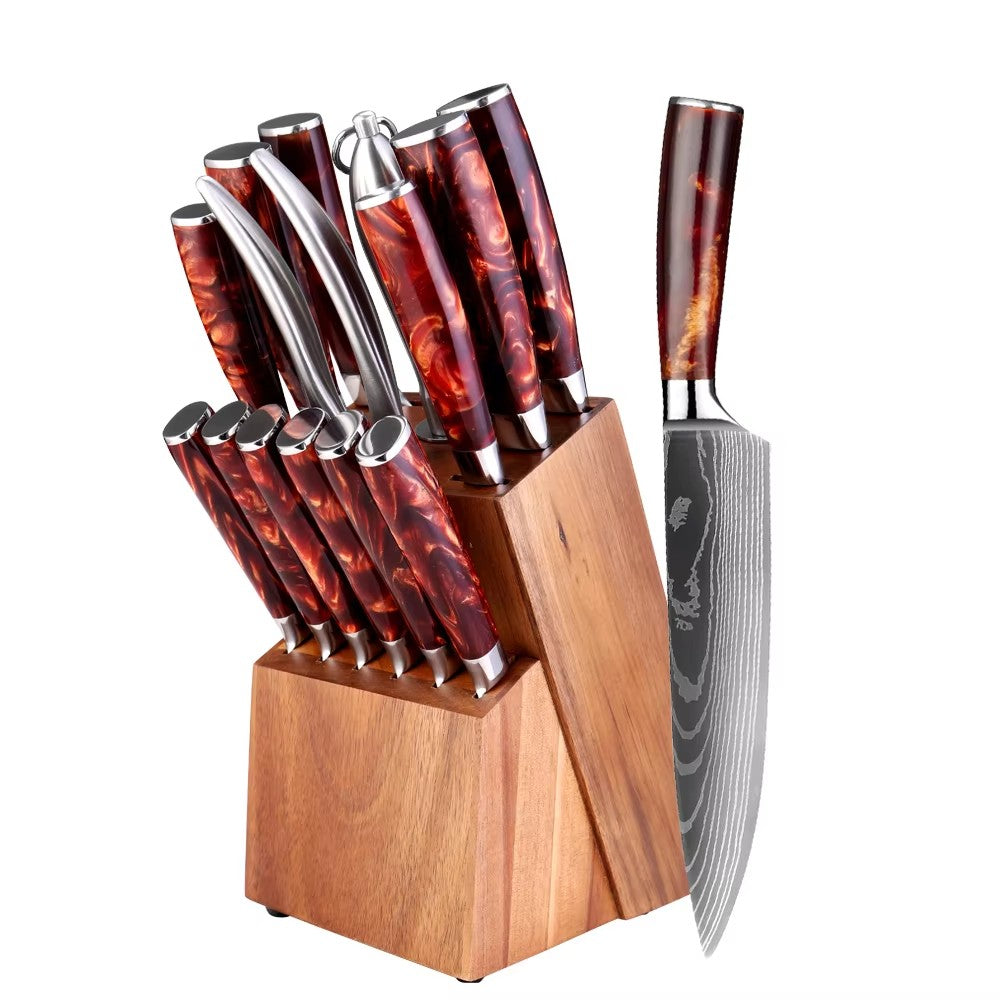 Conjunto de Facas de Cozinha 15 Peças Com Bloco de Madeira, Faca Profissional de Chef em Aço com Padrão de Damasco a Laser, Com Tesoura e Afiador
