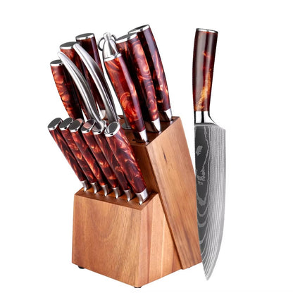 Conjunto de Facas de Cozinha 15 Peças Com Bloco de Madeira, Faca Profissional de Chef em Aço com Padrão de Damasco a Laser, Com Tesoura e Afiador