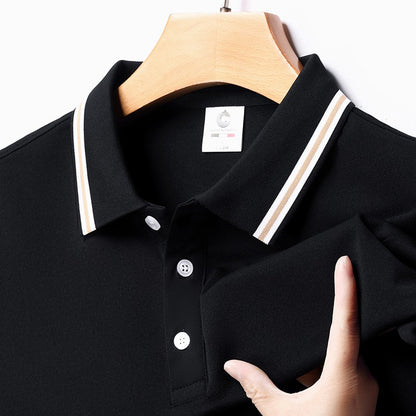 Men's Fashion Solid Short Sleeved Striped Lapel Polo Shirt Summer Breathable Comfortable Top