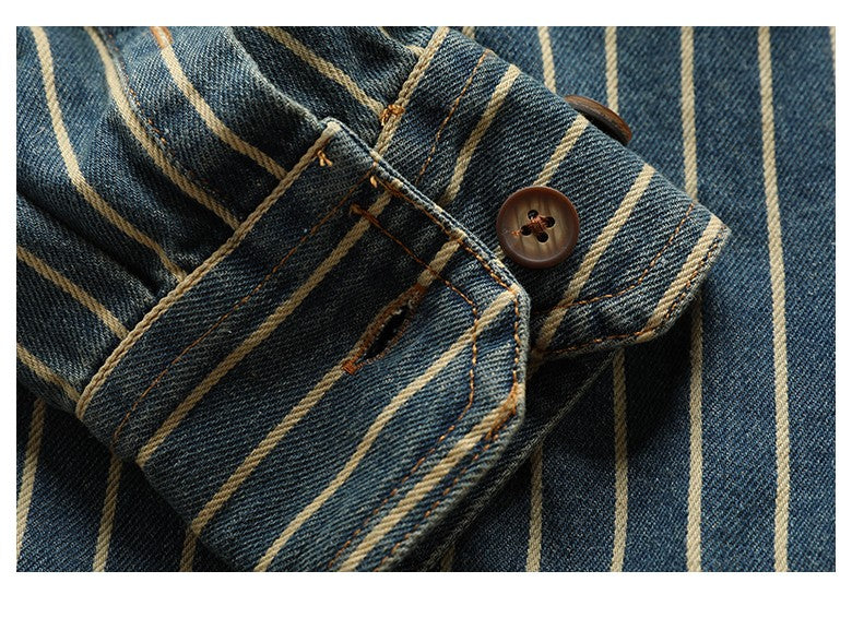 American Retro Workwear Long Sve Denim irt Loose Casual Striped ket irt Youth Trend Autumn Wear Iron Free