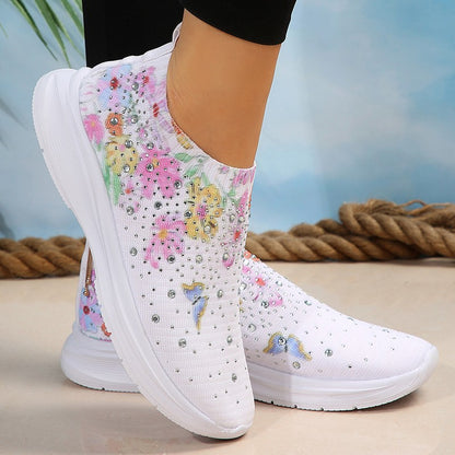 Floral Crystal Decor Slip On Sneakers Women Plus Size 35-43 Breathable Mesh Sports Shoes Woman Comfortable Soft Sole Flats Shoes