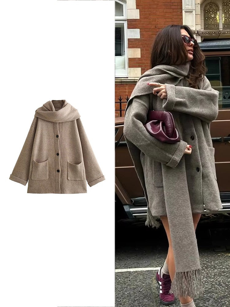 Women's Fashion Scarf Short Knit Coat Jacket Loose Warm Long Sleeve Two Pieces Solid Color High Street O-Neck Outerwear