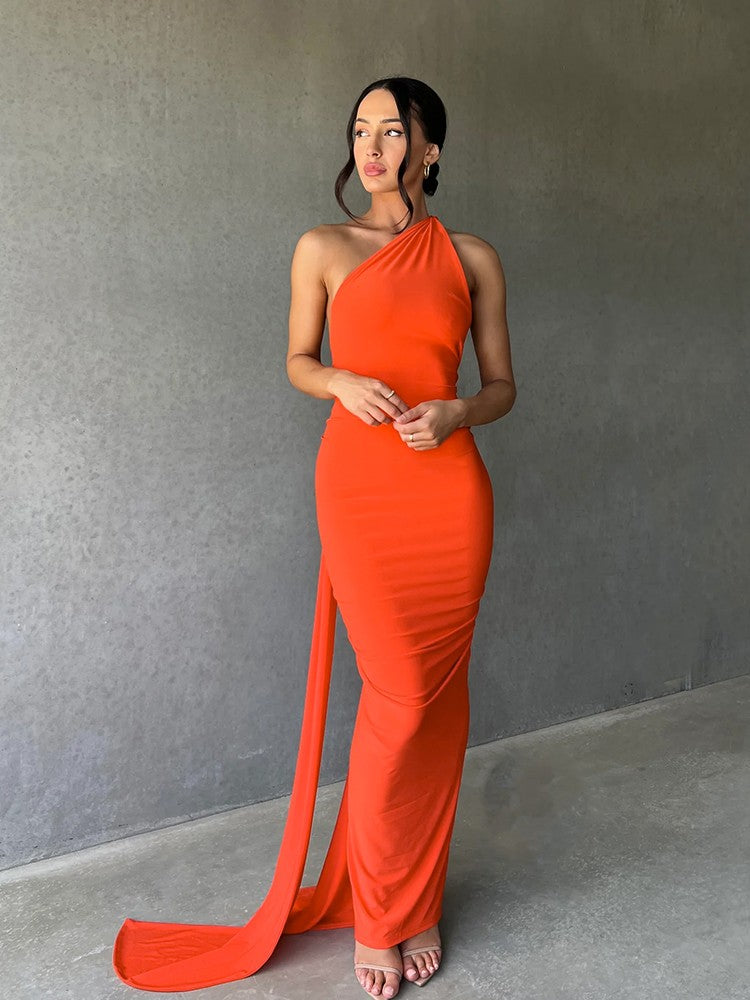 Hugcitar One Shoulder Backless Adjustable Scarf Loop Ruched Sexy Maxi Dress Wome