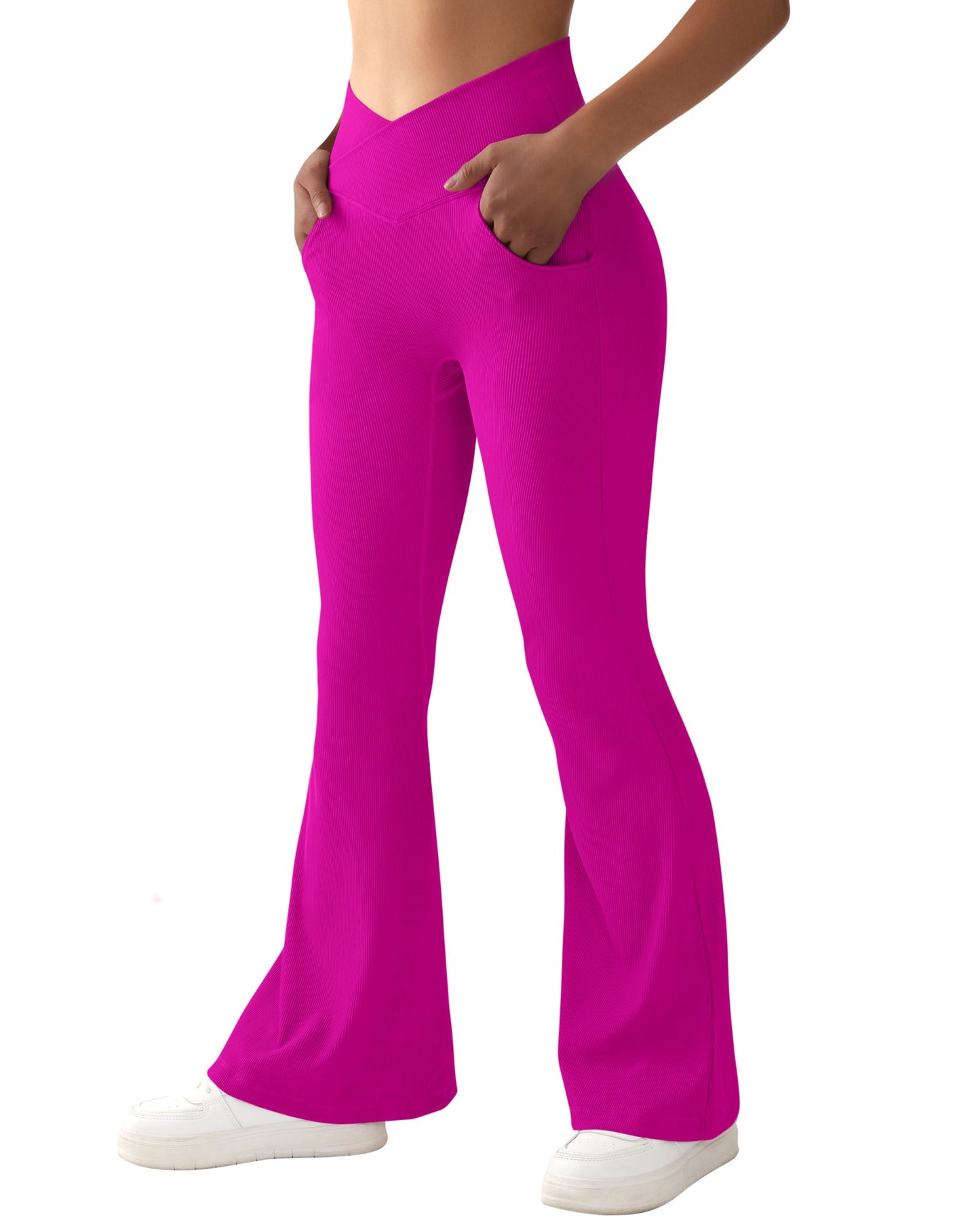 Women Ribbed Crossover Flare Leggings V Waist Slim Fit Yoga Pants with Pockets Workout Fitness Yoga Pants Flared Pants Female