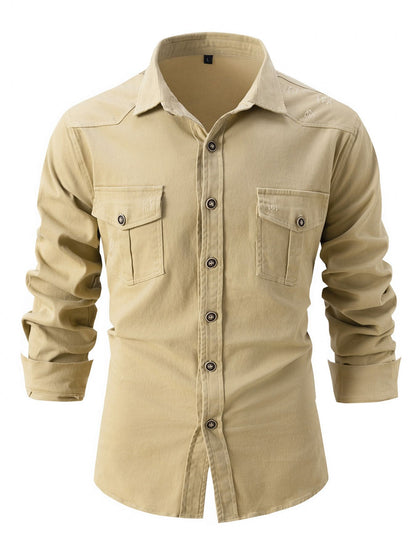 European size denim shirt men's casual solid color double pocket men's long sleeve washed elastic cotton fashion new business sh