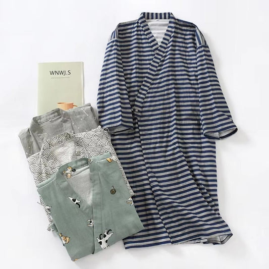 Sleepwear V-Neck Men's Kimono Bathrobe Loose Long Sleeve Japanese-Style Yukata Print Casual Men's Hooded Robe Sauna