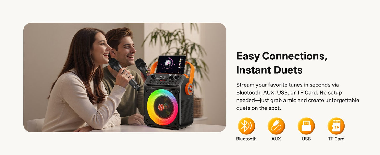 Caixa de Som Karaokê Bluetooth de Alta Potência T35, Luz Rítmica Musical, Som Estéreo Surround 360 Graus, Subwoofer Sem Fio com Microfone Duplo