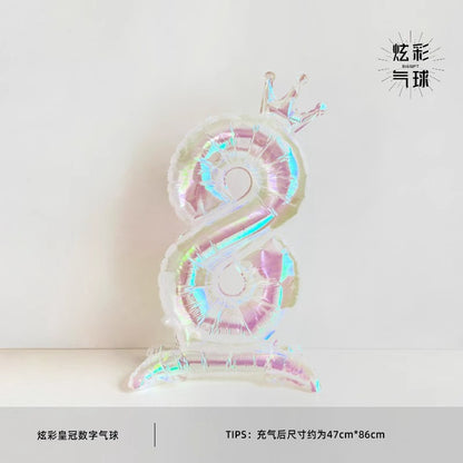 32Inch Transparent Colorful Crown Digital Aluminum Film Balloon with Base Happy Birthday Party Decor Kids Adults Baby Showers