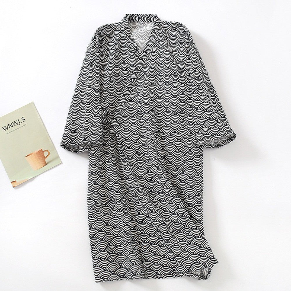 Sleepwear V-Neck Men's Kimono Bathrobe Loose Long Sleeve Japanese-Style Yukata Print Casual Men's Hooded Robe Sauna