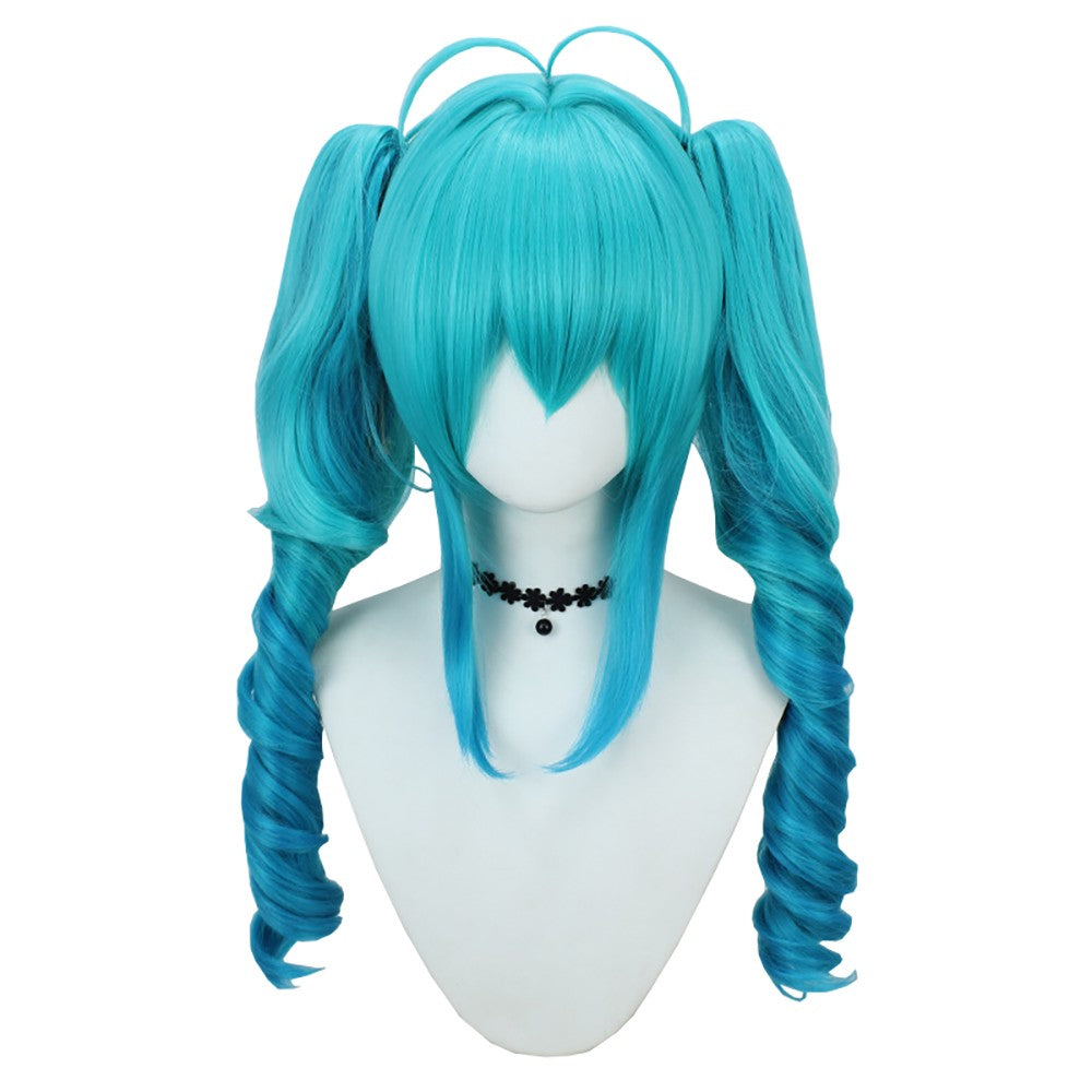 Cabelo Sintético Cosplay de 28 Polegadas com Franja, Cor Gradiente Azul-Ciano Miku, Rabo de Cavalo Cacheado na Ponta, Peruca para Festa de Halloween