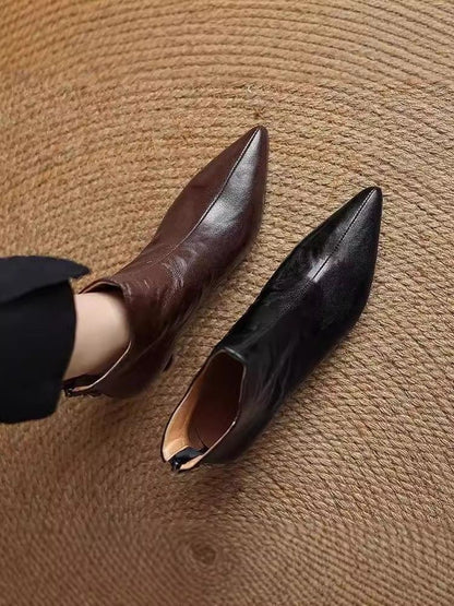 Elegant with Medium Heels Booties Autumn Winter Fleece-Lined Female Short Shoes Pointed Toe Leather Chelsea Women's Ankle Boots
