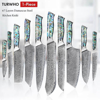 Faca de Cozinha TURWHO Japonesa de Aço Damasco de 67 Camadas com Cabo de Abalone Afiada Faca Santoku para Pão Bife Faca de Chef Ferramentas de Corte para Cozinha