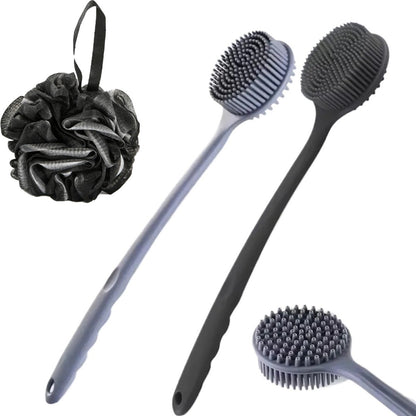 Double Sided Bath Brush Bath Puff Set Back Silicone Body Scrubber Silicone Long Handle Design for Body Exfoliation Deep Cleaning