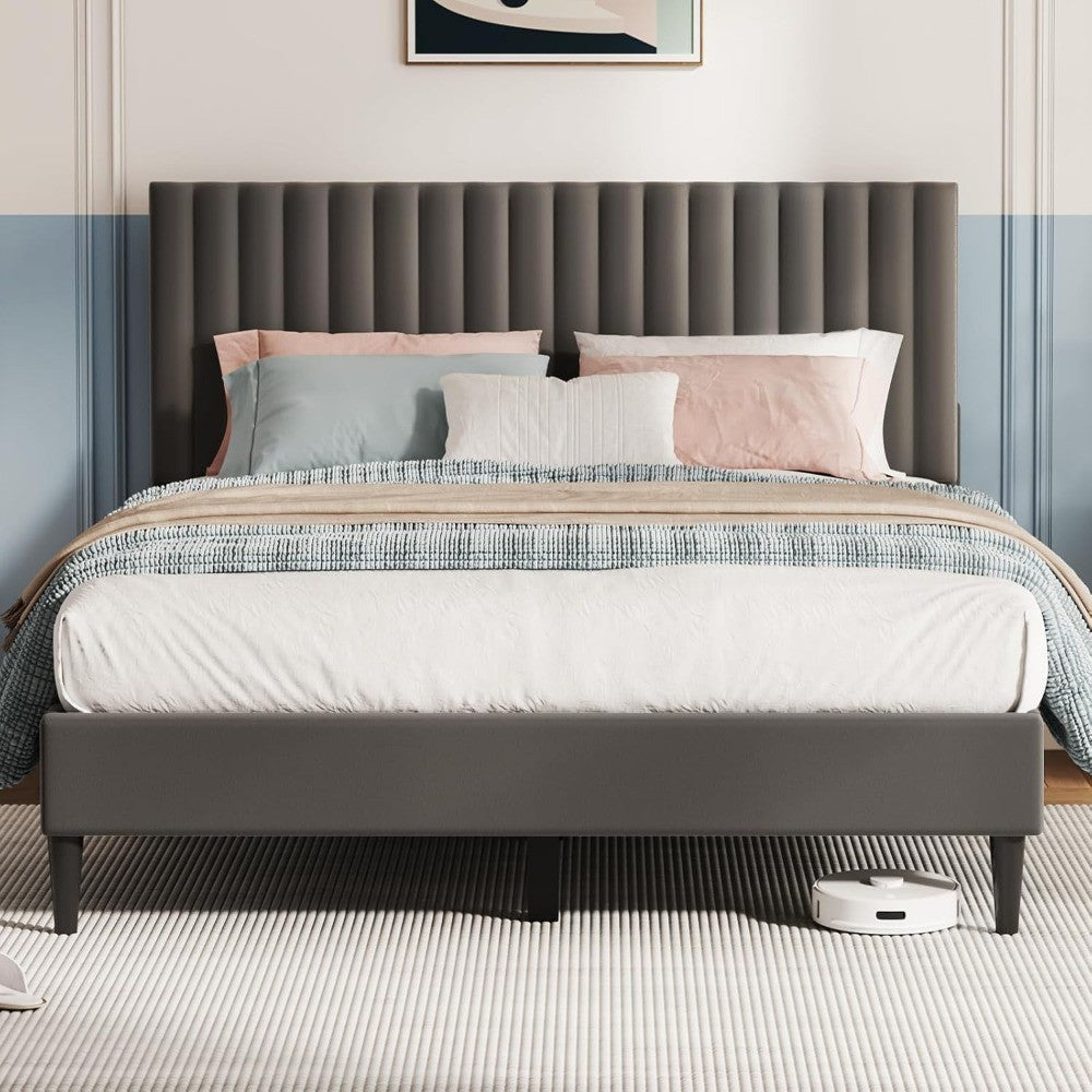 Estrutura de Cama Queen, Cama Plataforma Estofada em Veludo com Cabeceira, Forte Suporte de Ripas de Madeira, Sem Ruído, Suporte para Colchão