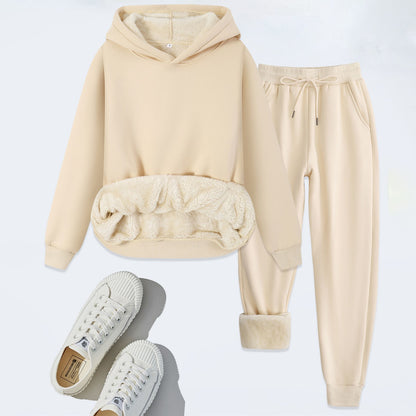 Winter Men Solid Thickened Lamb Velvet Hoodies Set Warm Fleece Sweatshirt Sweatpants 2pcs Thickened Casual Tracksuit