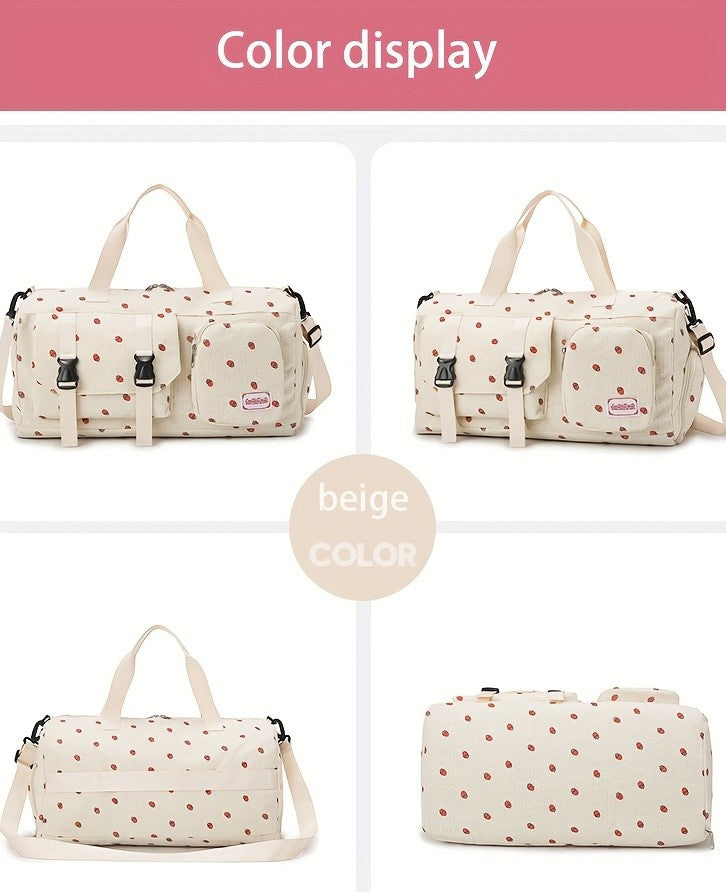 Large Capacity Travel Duffel Bag with Strawberry Pattern, Wet/Dry Separation, Independent Shoe Compartment & Multiple Pockets
