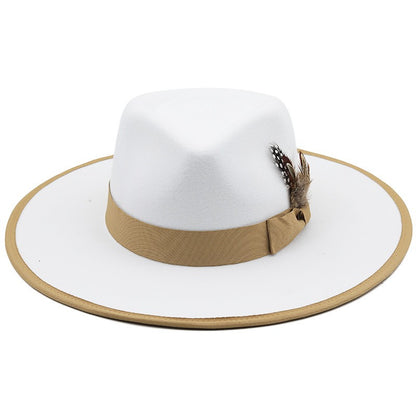 European American Fashion Feather Felt Jazz Hat Flat Wide Brim Bordered Formal Hat for Women and Men Elegant Style