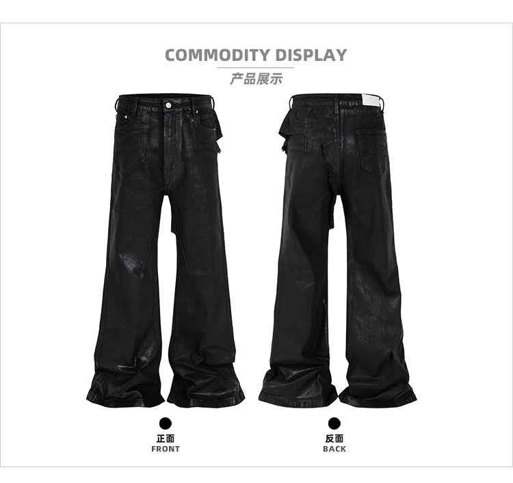 MIJKO Black Wax Leather Strecth Jeans for Men Women Baggy Flare Pants Oversized Straight Denim Trousers ZJ004