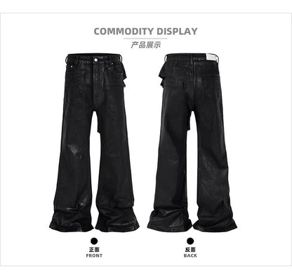 MIJKO Black Wax Leather Strecth Jeans for Men Women Baggy Flare Pants Oversized Straight Denim Trousers ZJ004