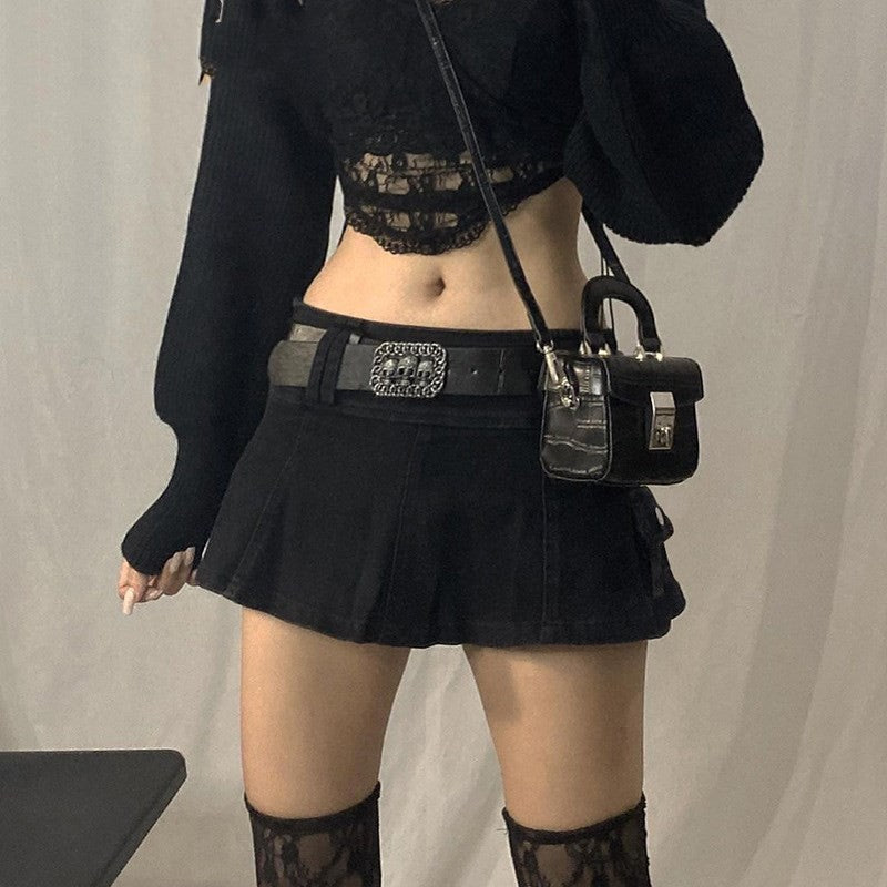 Goth Pastel Micro Skirts Low Rise Black ?Pocket Patchwork A-Line Skirt Aesthetic Outfit Vintage Harajuku Streetwear Style y2k